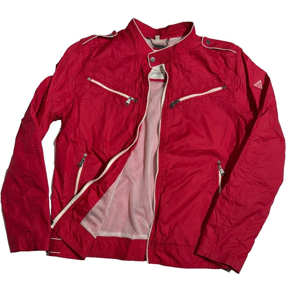 GUESS Mens Large Red Moto Windbreaker Jacket Y2K Vintage Cafe Racer Lightweight